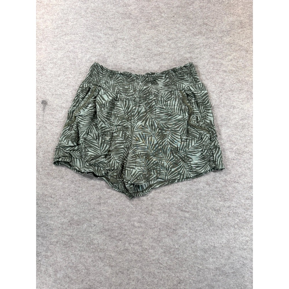 Three Dots Paperbag Shorts Womens Medium Green Gray Tropical Print Smocked Waist